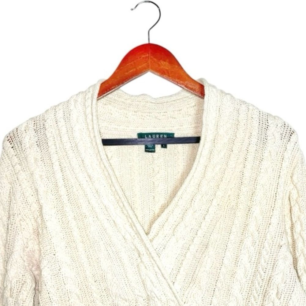 VTG LRL Surplice V-Neck Long Sleeve Ivory Scalloped Fisherman Cable Knit Sweater - Picture 4 of 6